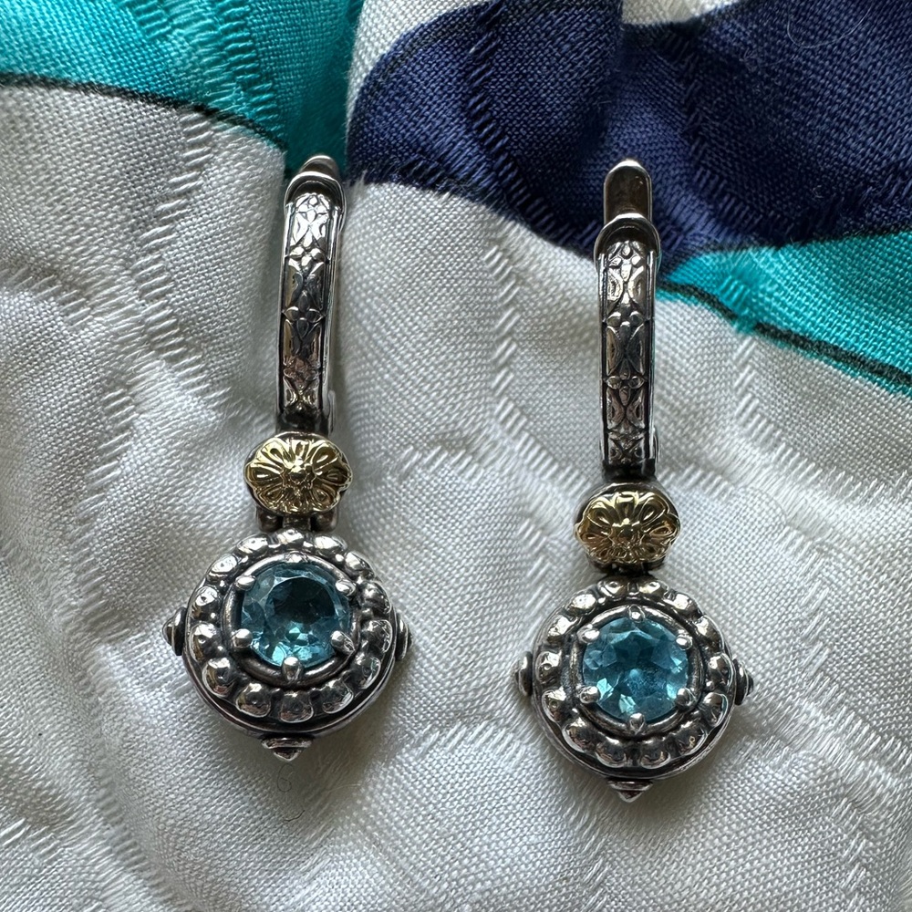Konstantino Sterling and 18k Gold earrings Featuring Faceted Blue Topaz